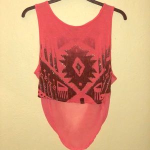 Coral Aztec Crop Top with Sheer Back Medium